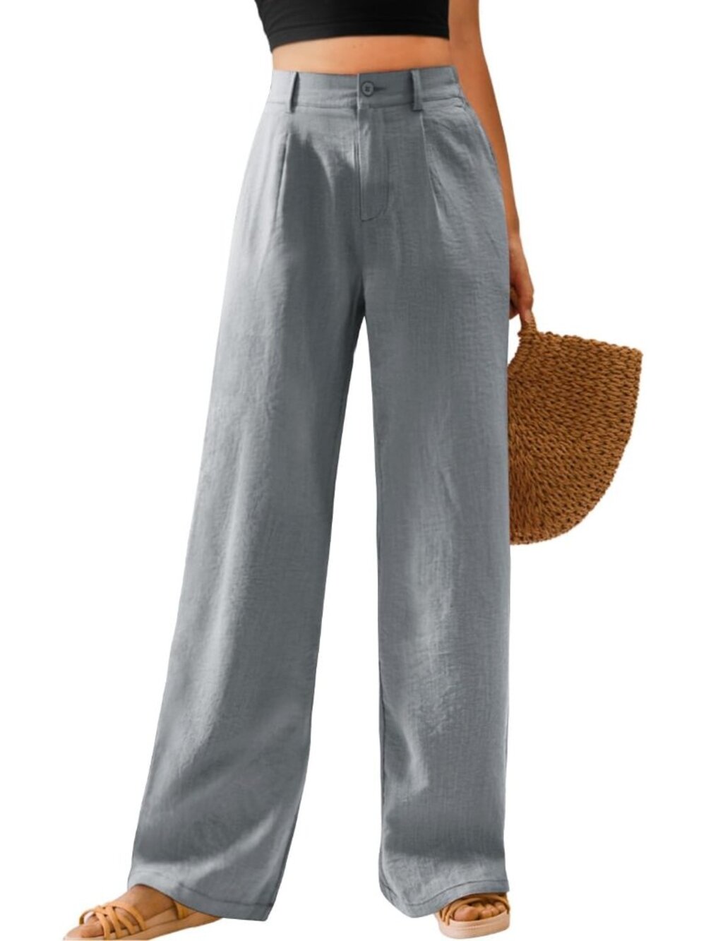 Women's Blue Gray High Waisted Button Down Straight Long Casual Wide Leg Pants